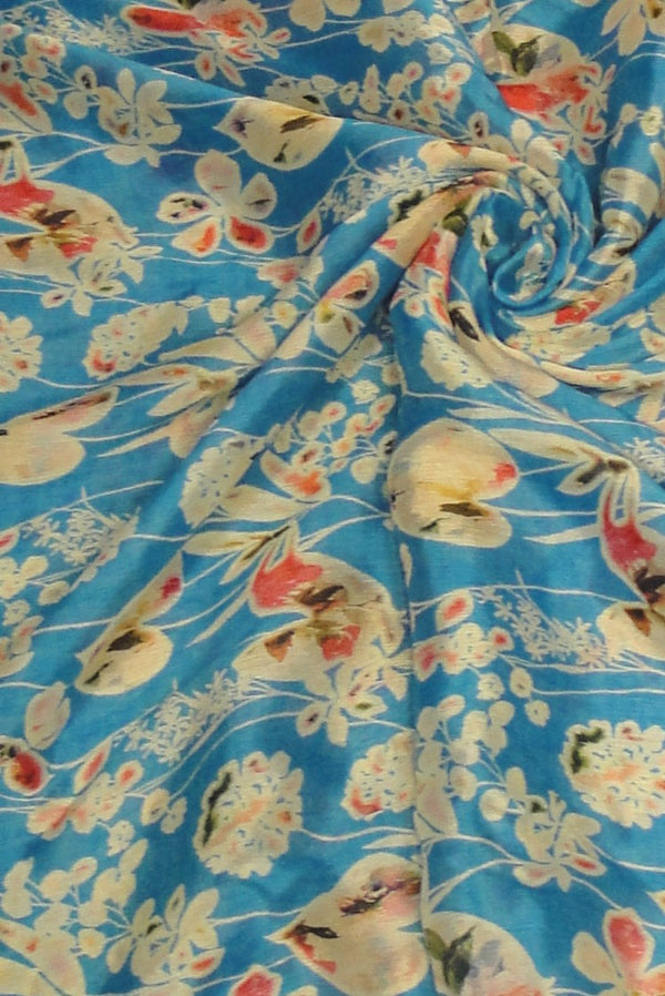 Sky Blue Printed Pure Viscose Chiffon Chinnon Fabric