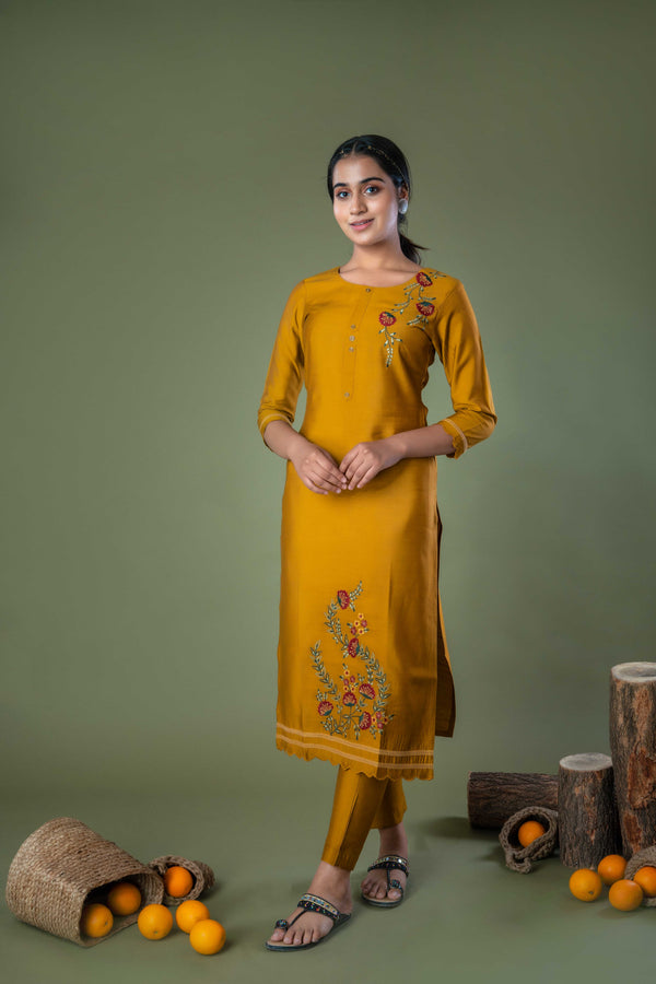 Mustard Floral Sequence Embroidery Straight Silk Kurta with Pant - Set of 2