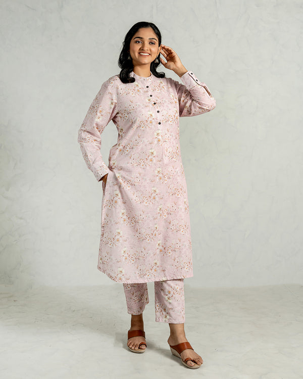 Baby Pink Pure Cotton Linen Kurta Set