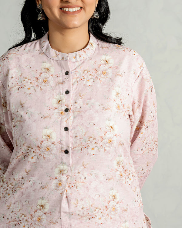 Baby Pink Pure Cotton Linen Kurta Set