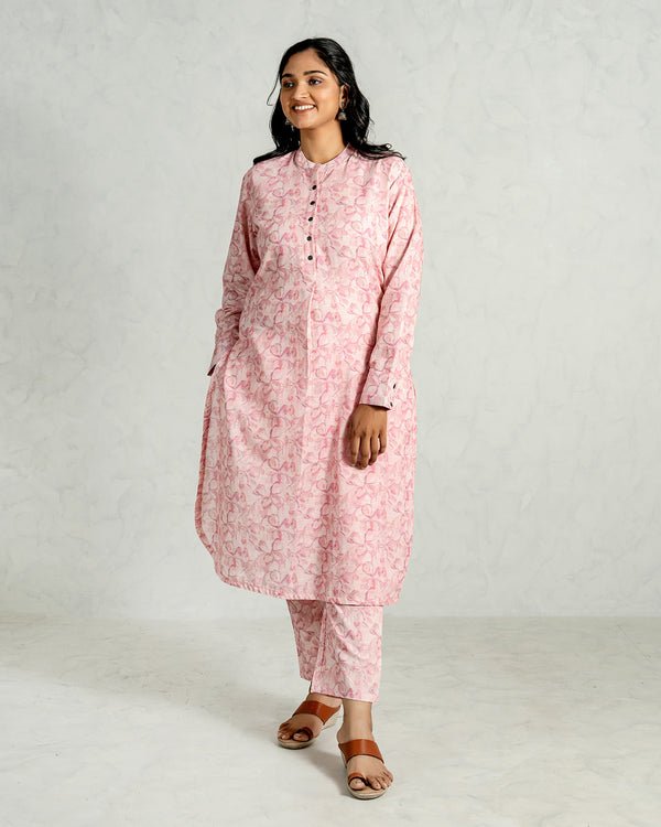 Pink Floral Cotton Kurta Linen Set