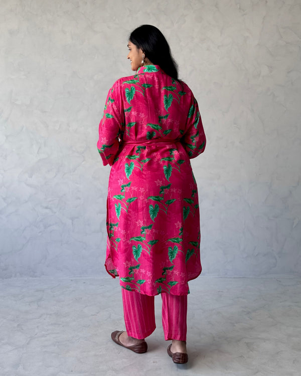 Pink Floral Linen Kurta Pant Set (Co-Ord Set)