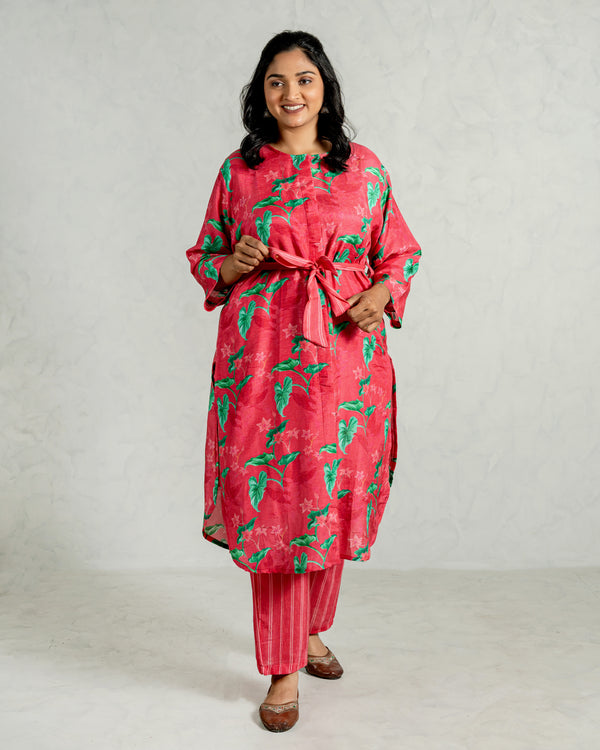 Pink Floral Linen Kurta Pant Set (Co-Ord Set)