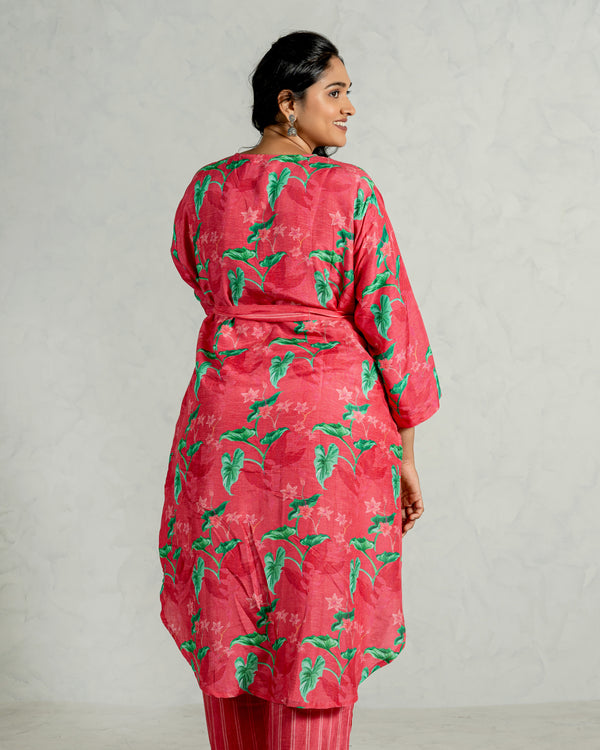 Pink Floral Linen Kurta Pant Set (Co-Ord Set)