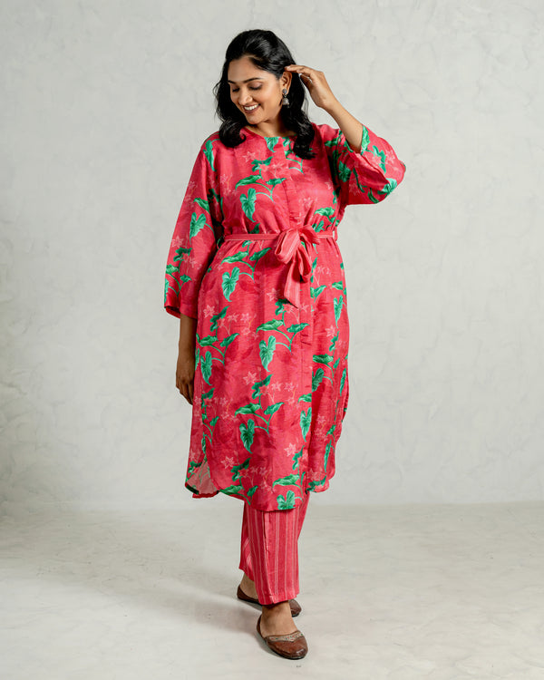 Pink Floral Linen Kurta Pant Set (Co-Ord Set)