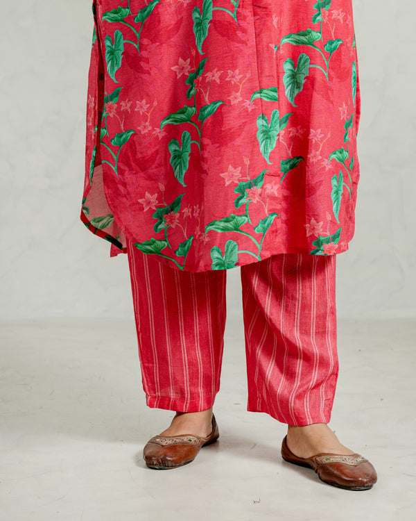 Pink Floral Linen Kurta Pant Set (Co-Ord Set)