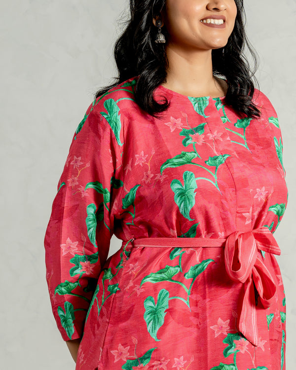 Pink Floral Linen Kurta Pant Set (Co-Ord Set)