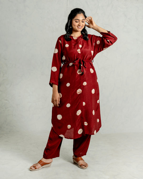 Red Polka Printed Linen Kurta Pant Set