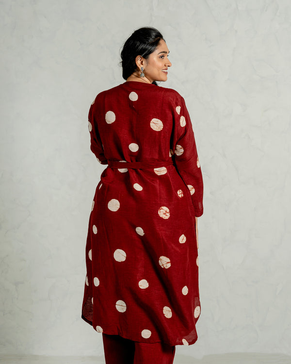 Red Polka Printed Linen Kurta Pant Set