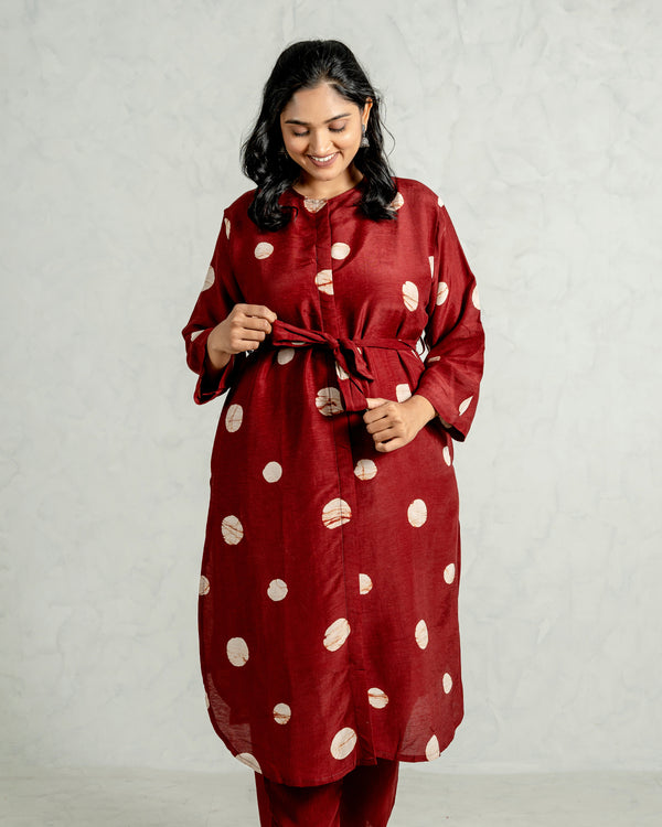 Red Polka Printed Linen Kurta Pant Set