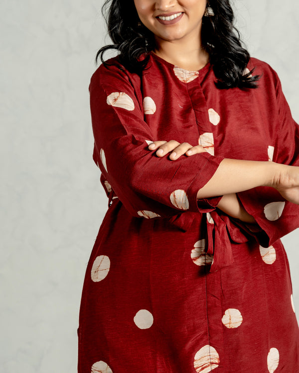 Red Polka Printed Linen Kurta Pant Set