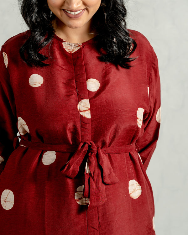 Red Polka Printed Linen Kurta Pant Set