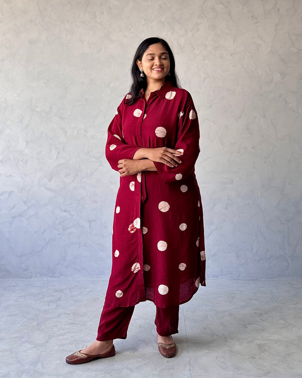 Red Polka Printed Linen Kurta Pant Set
