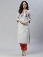 Floral Embroidered White Straight Cotton Kurta