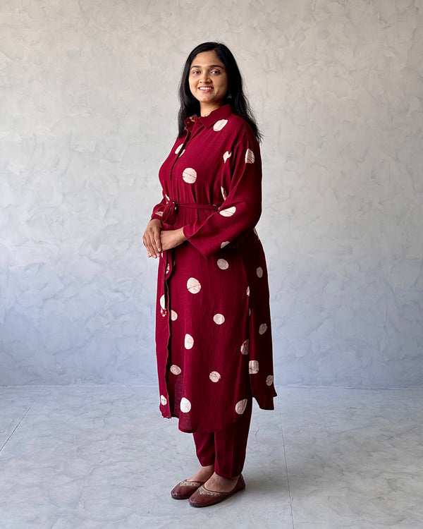 Red Polka Printed Linen Kurta Pant Set