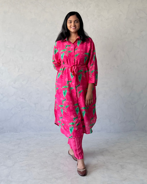 Pink Floral Linen Kurta Pant Set (Co-Ord Set)