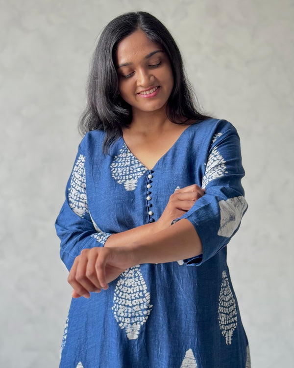 Indigo Block Printed Linen Kurta Pant Set