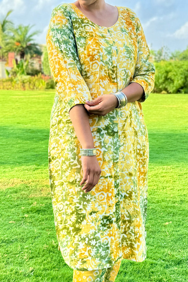 Yellow Batik Printed Pure Organic Cotton Kurta Pant Set