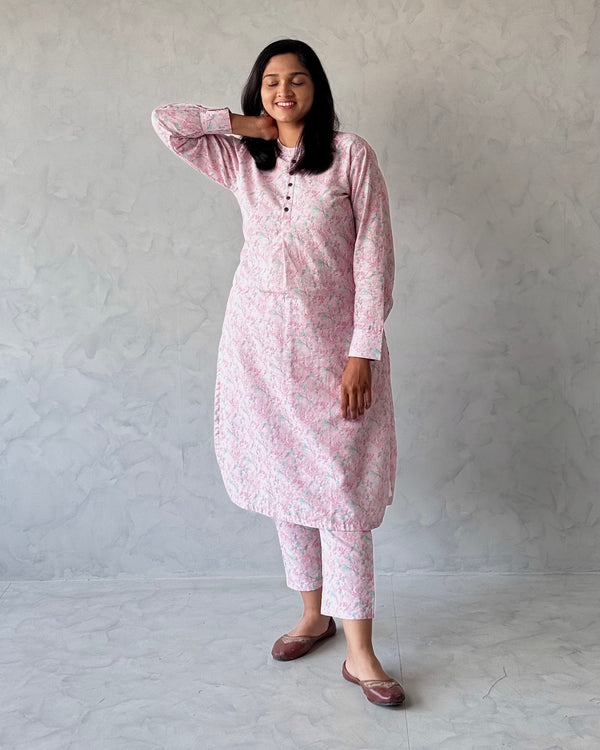 Baby Pink Pure Cotton Linen Kurta Set
