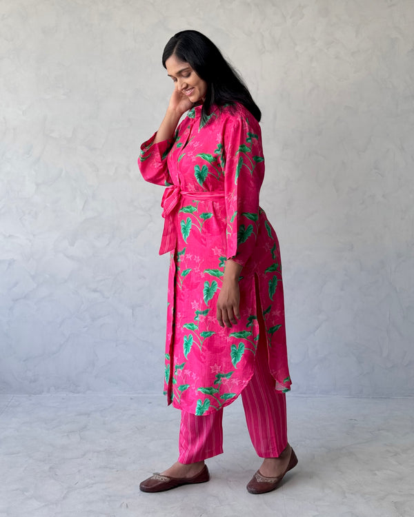Pink Floral Linen Kurta Pant Set (Co-Ord Set)