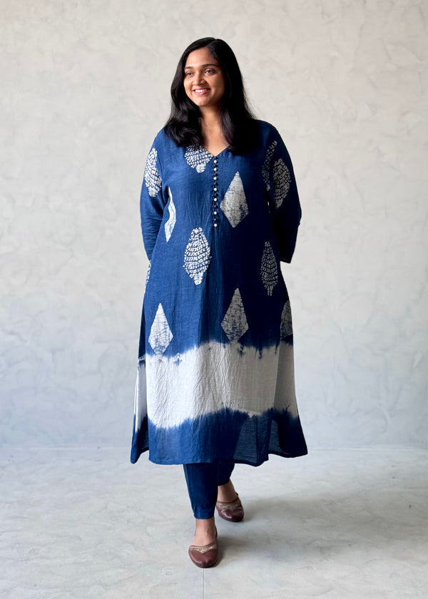 Indigo Block Printed Linen Kurta Pant Set