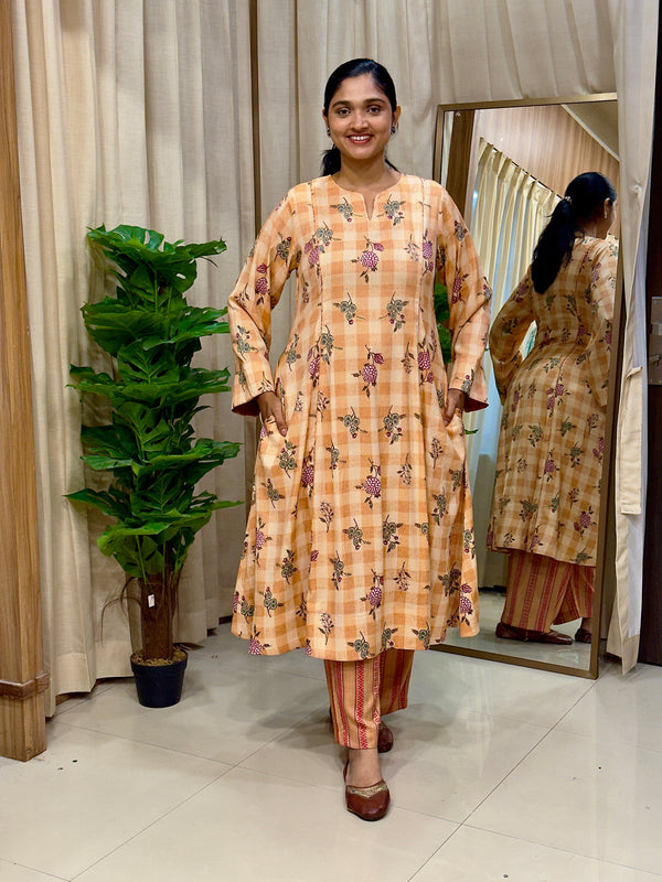Orange Floral Cotton Kurta Set