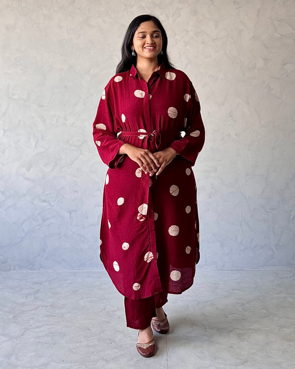 Red Polka Printed Linen Kurta Pant Set