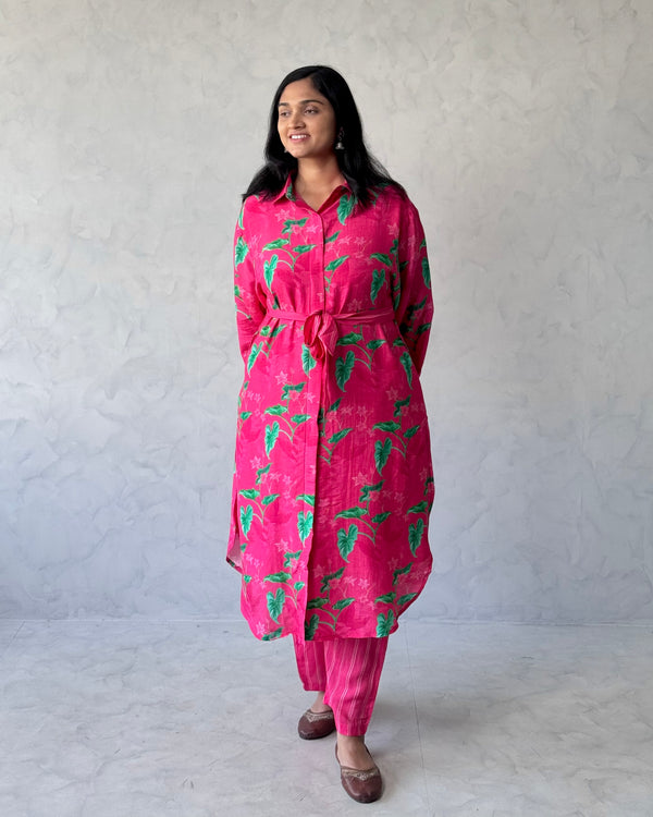 Pink Floral Linen Kurta Pant Set (Co-Ord Set)