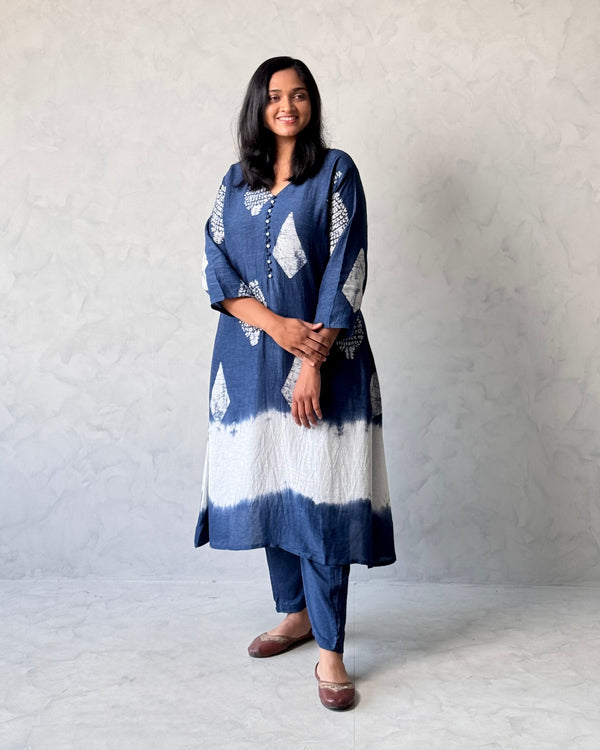 Indigo Block Printed Linen Kurta Pant Set