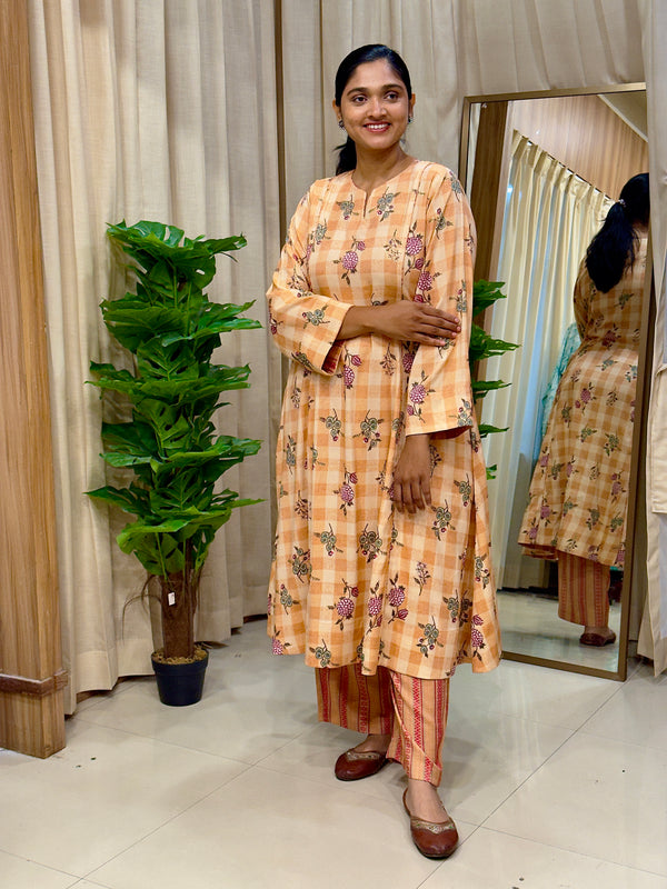 Orange Floral Cotton Kurta Set