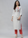 Floral Embroidered White Straight Cotton Kurta