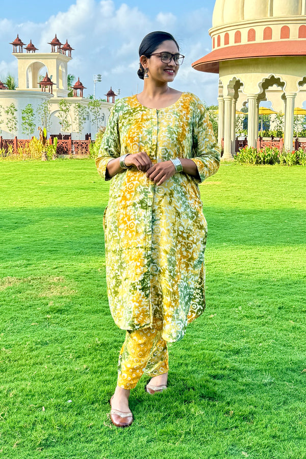 Yellow Batik Printed Pure Organic Cotton Kurta Pant Set