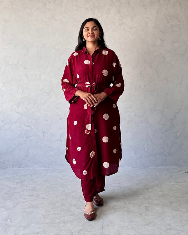 Red Polka Printed Linen Kurta Pant Set