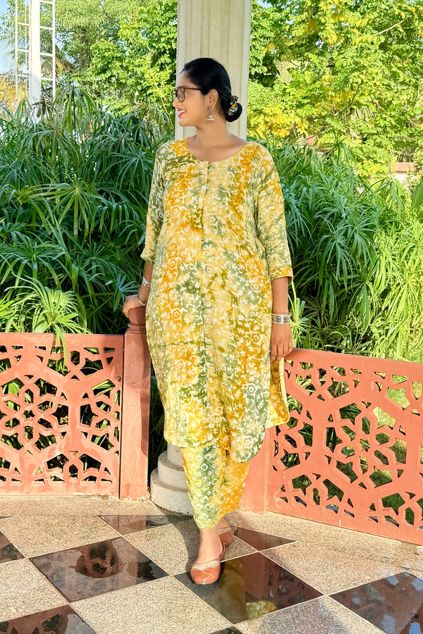 Yellow Batik Printed Pure Organic Cotton Kurta Pant Set