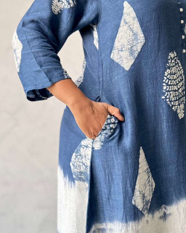Indigo Block Printed Linen Kurta Pant Set
