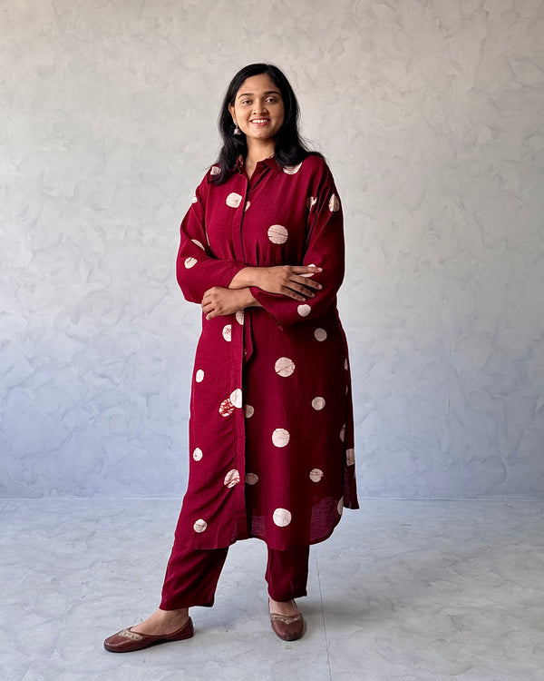 Red Polka Printed Linen Kurta Pant Set