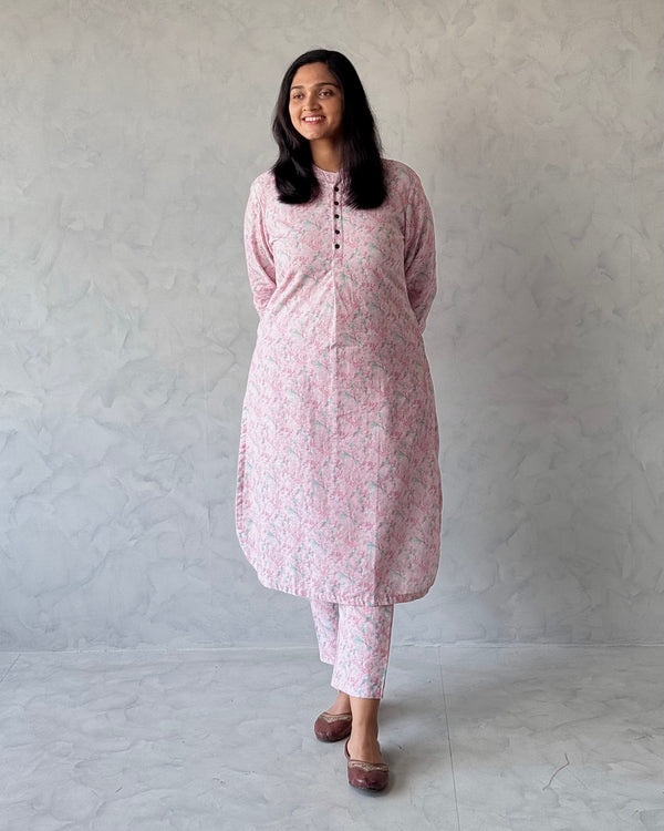 Baby Pink Pure Cotton Linen Kurta Set