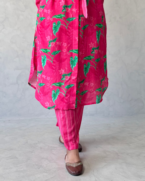 Pink Floral Linen Kurta Pant Set (Co-Ord Set)
