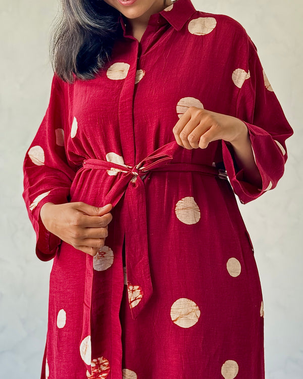 Red Polka Printed Linen Kurta Pant Set