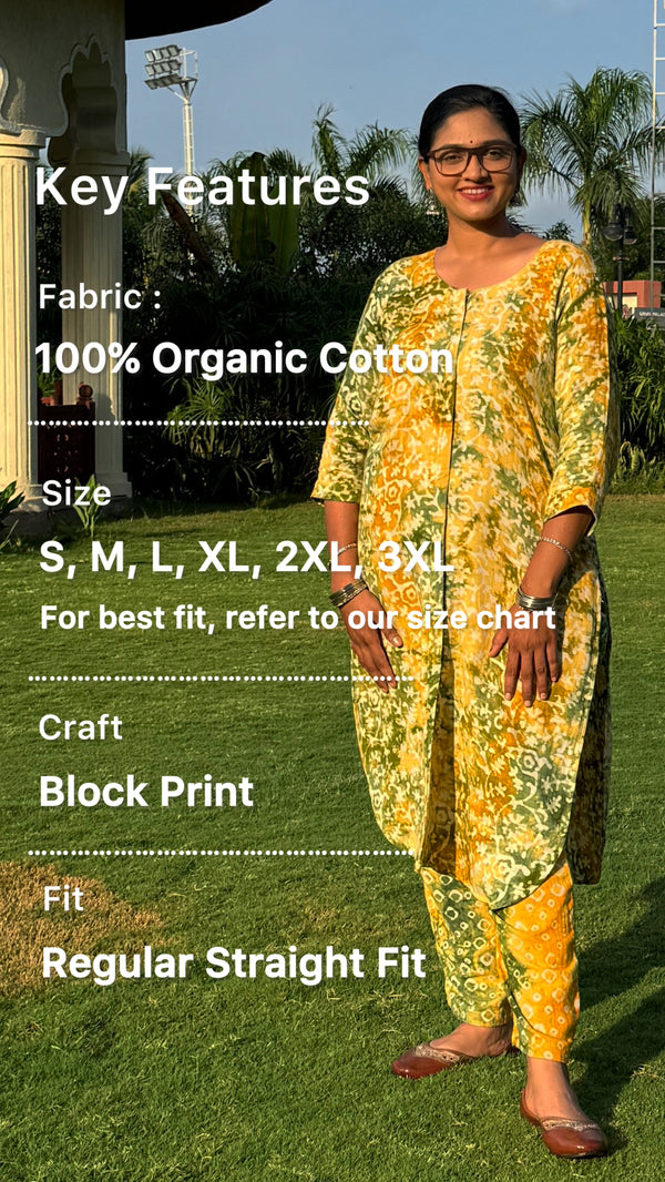 Yellow Batik Printed Pure Organic Cotton Kurta Pant Set