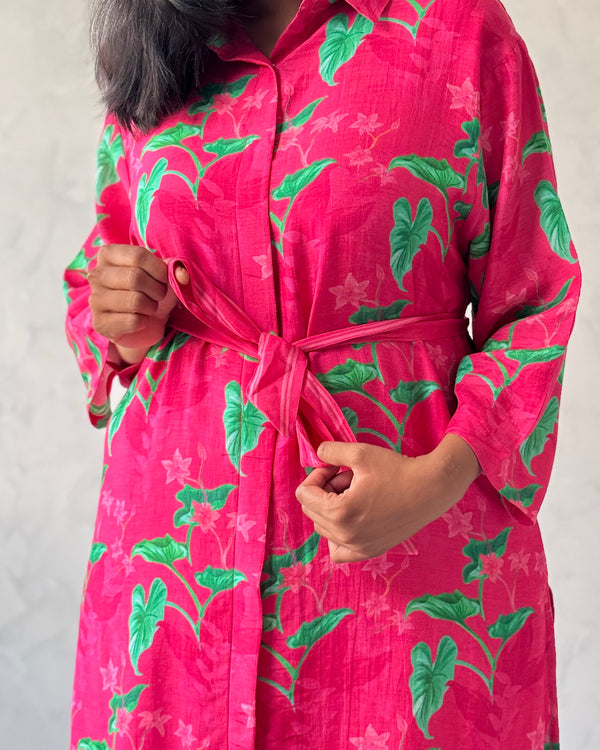 Pink Floral Linen Kurta Pant Set (Co-Ord Set)
