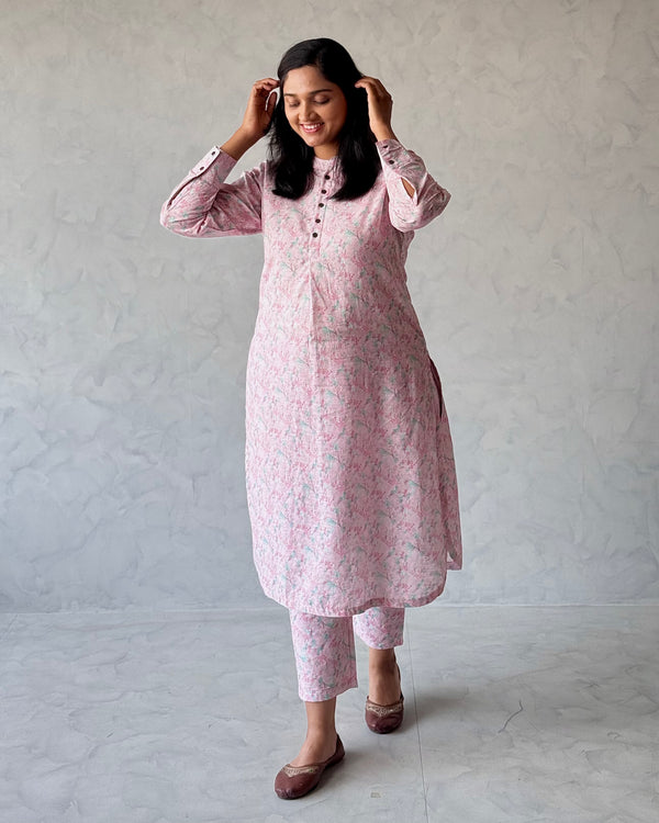 Baby Pink Pure Cotton Linen Kurta Set