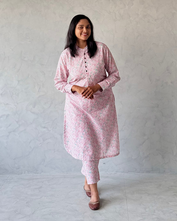 Baby Pink Pure Cotton Linen Kurta Set