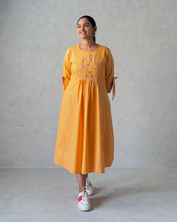 Orange Embroidered Solid Cotton Midi Dress