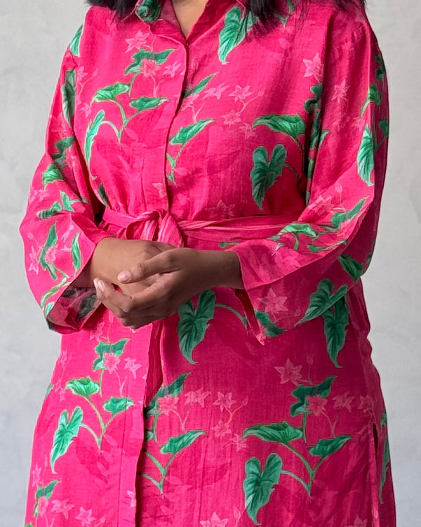 Pink Floral Linen Kurta Pant Set (Co-Ord Set)