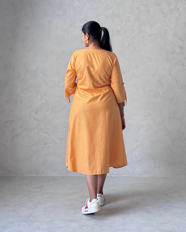 Orange Embroidered Solid Cotton Midi Dress