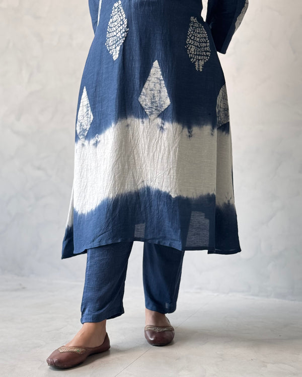 Indigo Block Printed Linen Kurta Pant Set