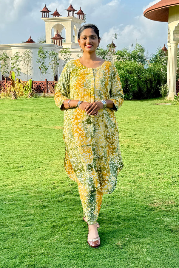 Yellow Batik Printed Pure Organic Cotton Kurta Pant Set