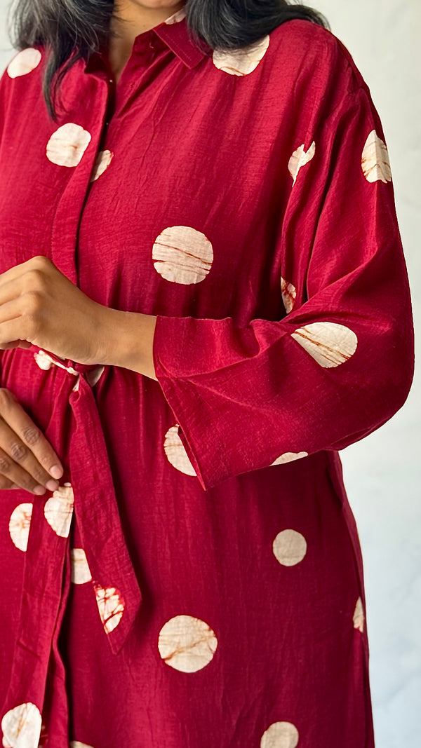 Red Polka Printed Linen Kurta Pant Set
