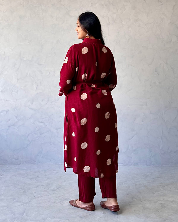Red Polka Printed Linen Kurta Pant Set